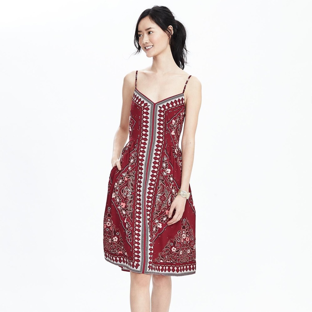 Banana Republic Scarf Print Strappy Dress Paisley Floral Midi Fitted Rust Red